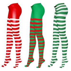 Womens Christmas Elf Striped Tights Red White Green Holiday Party New 3 Pairs